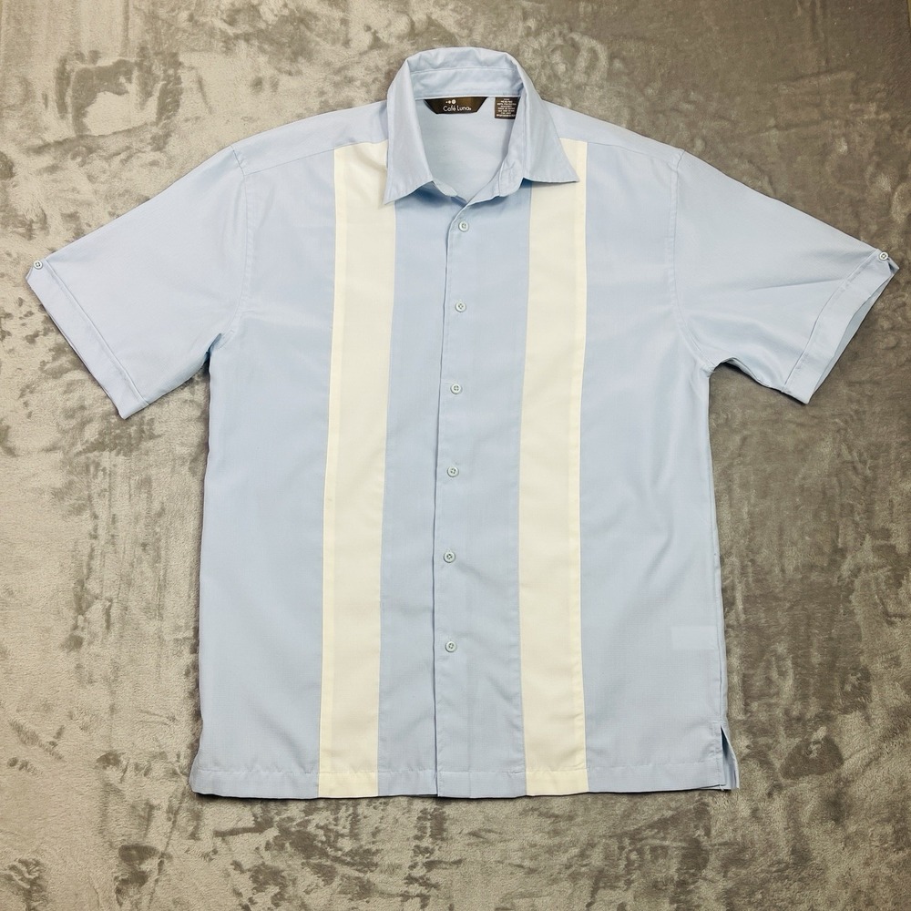 Cafe Luna Beige and Blue Button Down Short Sleeve Shirt Size Medium
